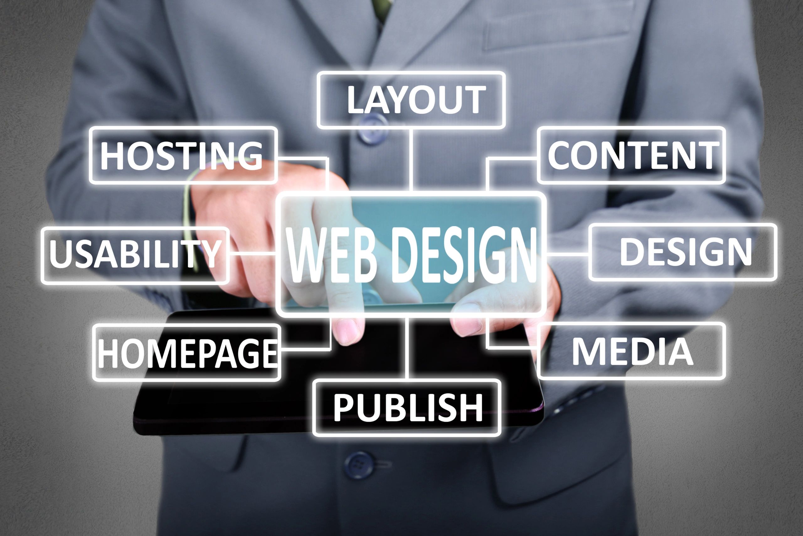 Internet business concept. Businessman click web design button