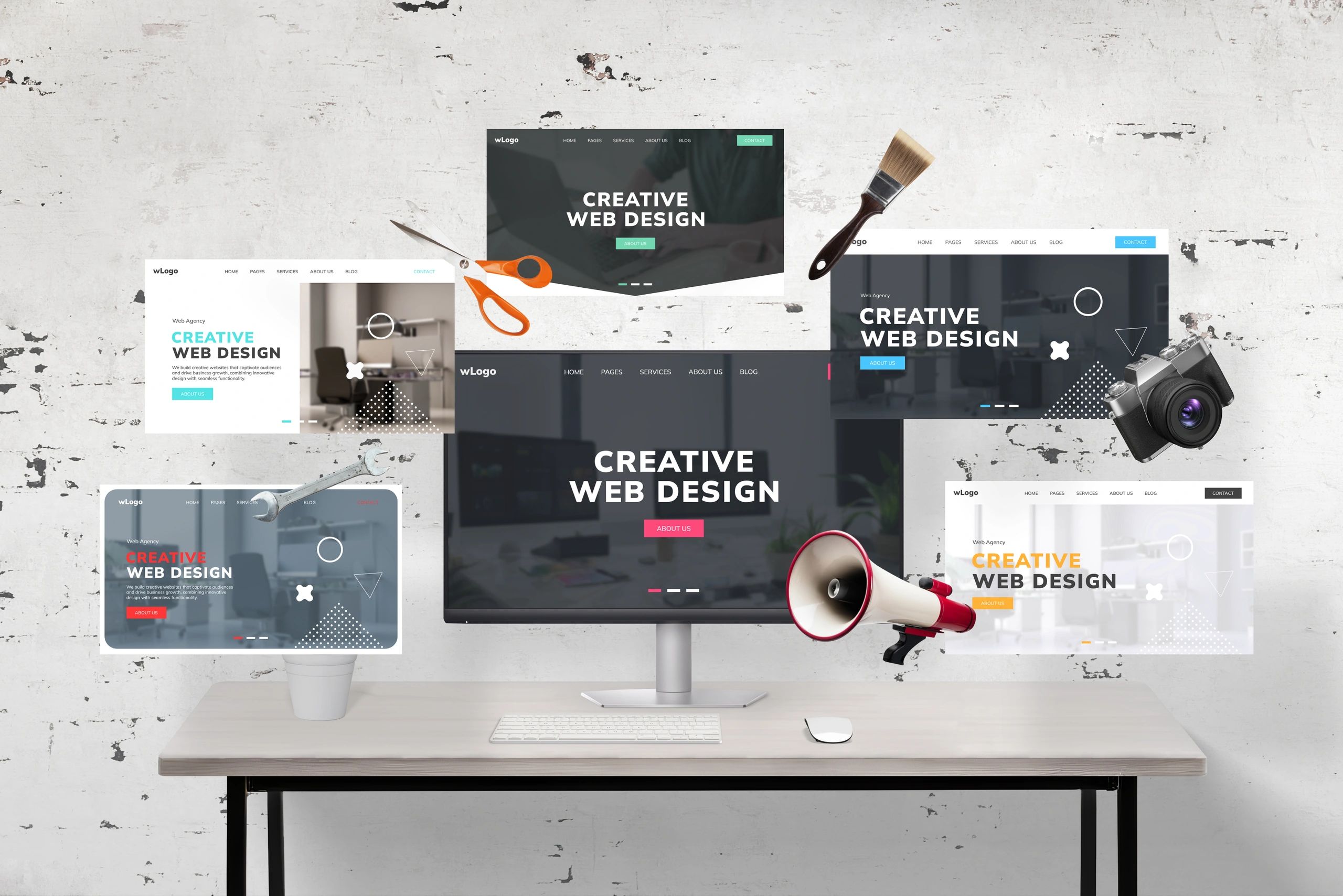 Web pages flying around a web designer's desk
